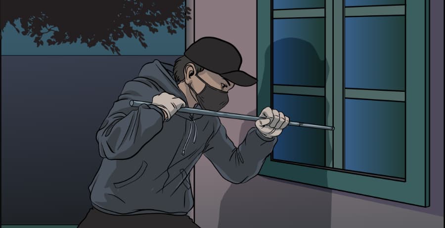 Illustration of burglar forcing entry through a window in Greenville