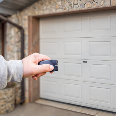 Greenville security key fob pointing to a garage door